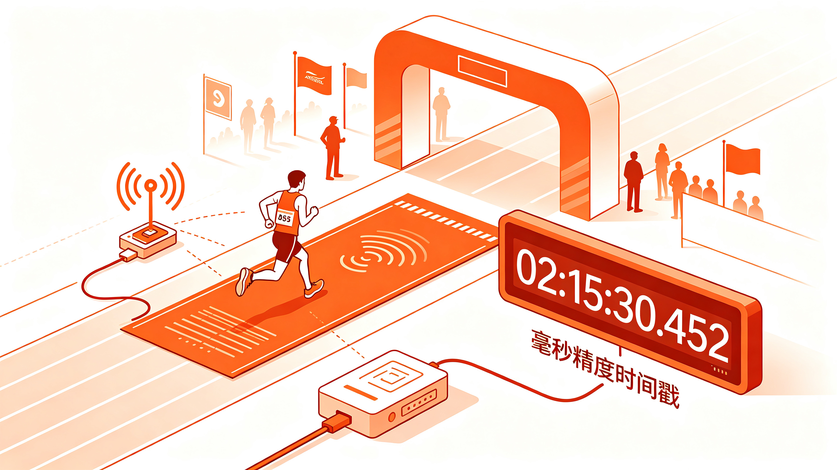 RFID赛事计时地毯工作原理 RFID赛事计时地毯工作原理图:选手佩戴计时芯片通过地毯天线,读写器记录芯片ID与毫秒级时间戳